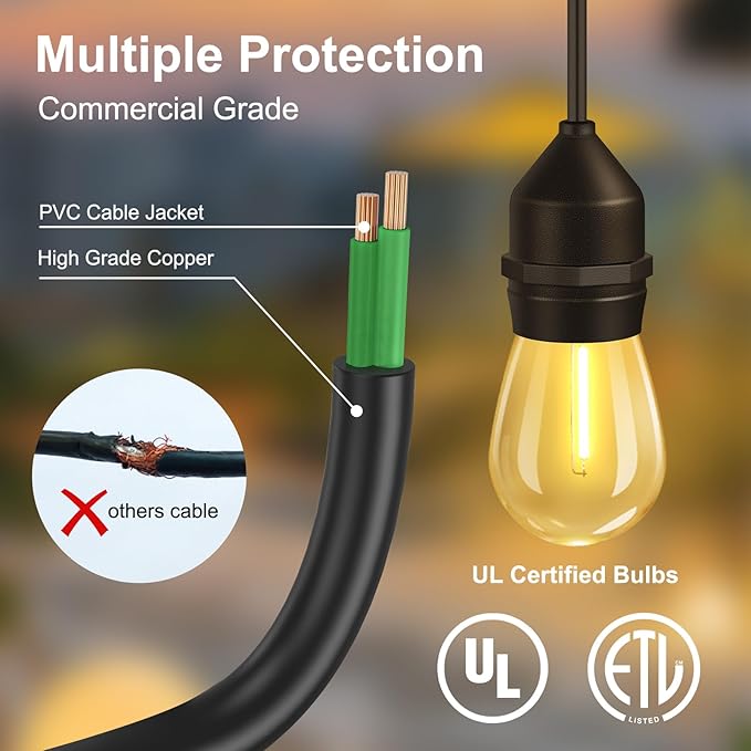 50FT LED Outdoor String Lights with 15+2 Shatterproof Bulbs IP65 Waterproof Commercial Grade Patio String Lights for Outside Porch Backyard Garden Deck Decor 2700K Dimmable