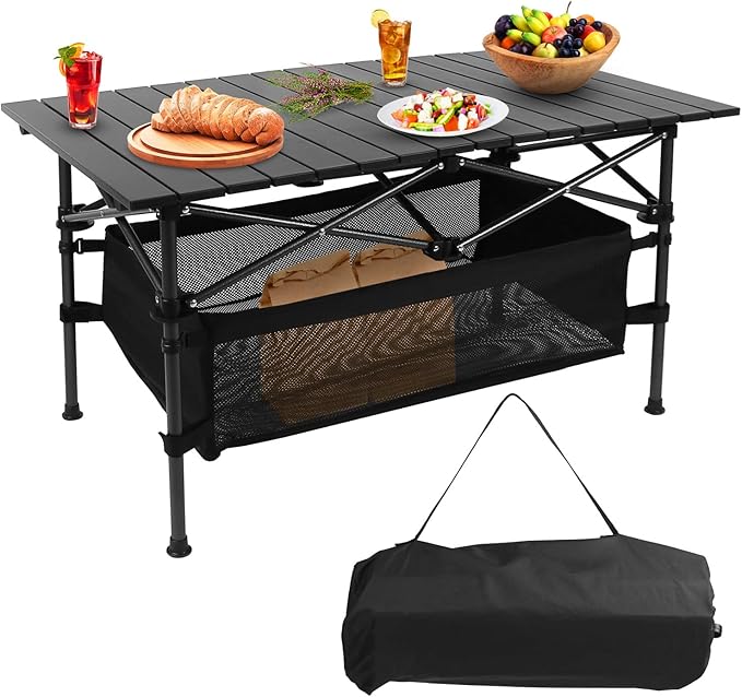 Portable Camping Table Outdoor Folding Table with Basket Storage and Carrying Bag Ultralight Aluminum Alloy Roll-up Top Design for Camping Picnic BBQ Beach Party