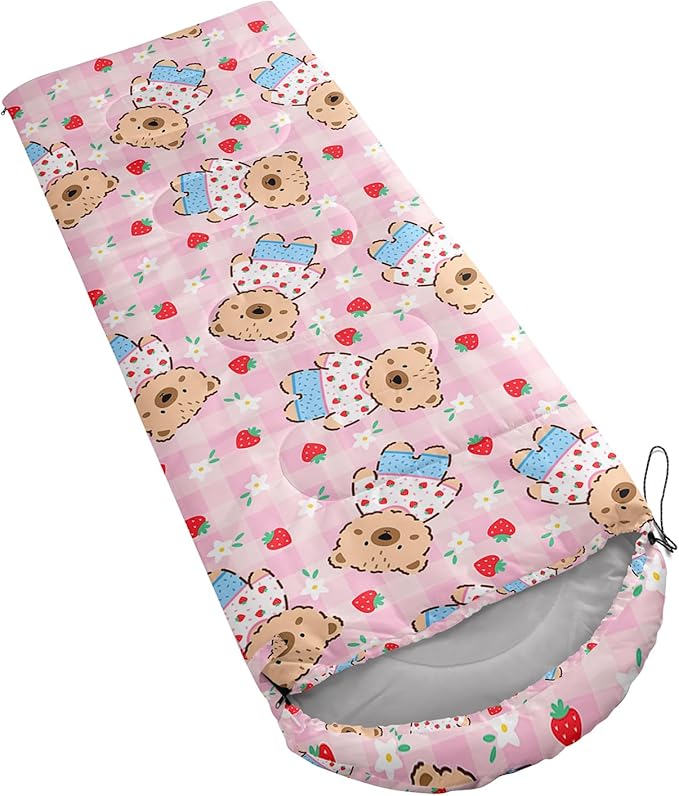 Cute Bear Sleeping Bag for Girls KidsKawaii Milk Tea Waterproof Portable Camping Bag3 Season Warm Cool Weather Lightweight Compact Camping Essentials Gear for Travelling Hiking Yellow