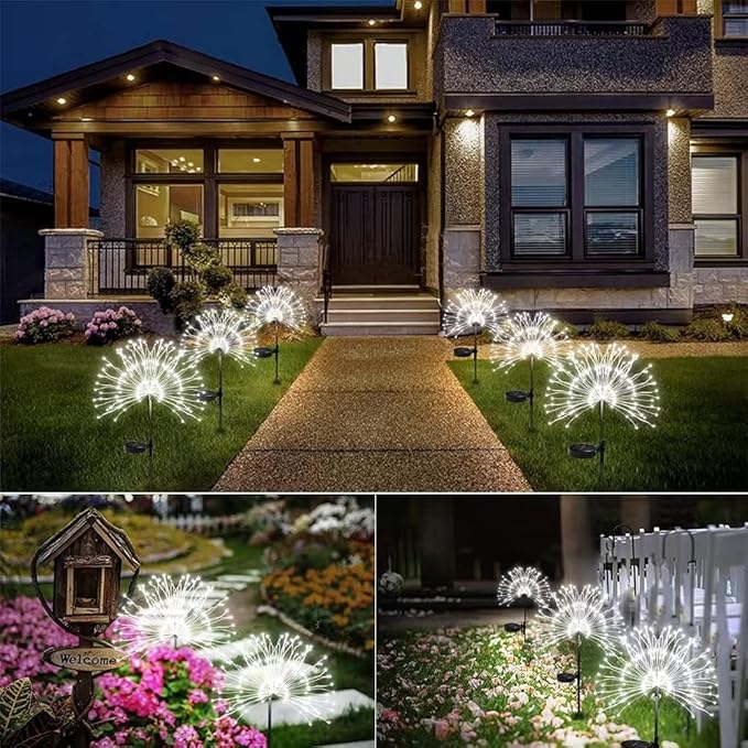 Solar Firework Lights 2Pcs Garden Lights Outdoor Waterproof 120 LED with 8 Modes Twinkling and Steady-On Festive daysStarburst Lights for Path Patio Yard (Cool White)