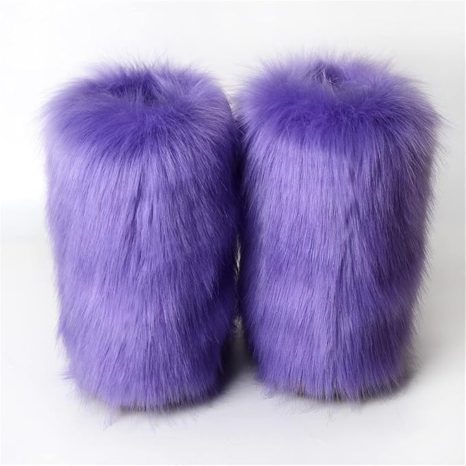 Womens Furry Faux Fur Booties Winter Warm Snow Ankle Boots Fuzzy Fluffy Furry Mid Calf Boots Outdoor Comfy Flat Shoes