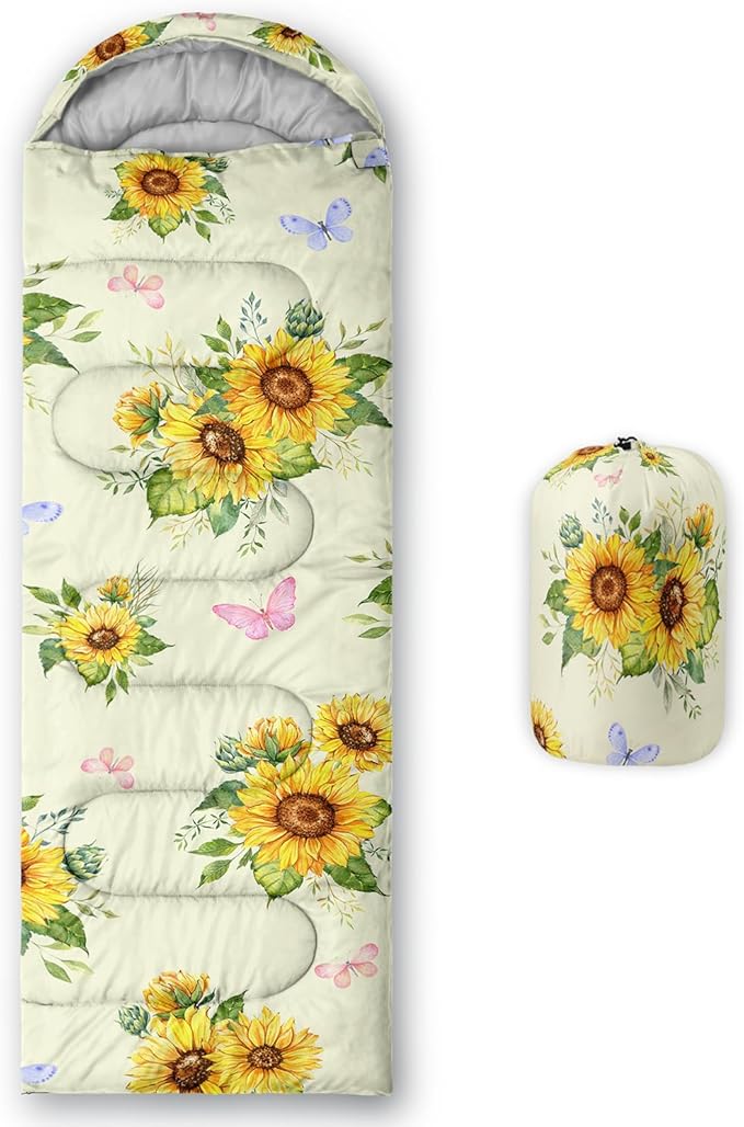 Sunflower Sleeping Bags for Adults KidsYellow Backpacking Camping Sleeping Bag for Girls Boys Lightweight Waterproof Cold/Warm Weather Sleeping Bag for All Season Outdoor Travel with Compression Bags