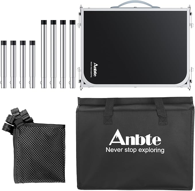 Anbte Folding Camping Table with Storage Net 3ft Camping Table Aluminum Folding Table with 3 Adjustable Height Max 27.1 Inch Picnic Table Portable Table for Outdoor Backyard BBQ Black