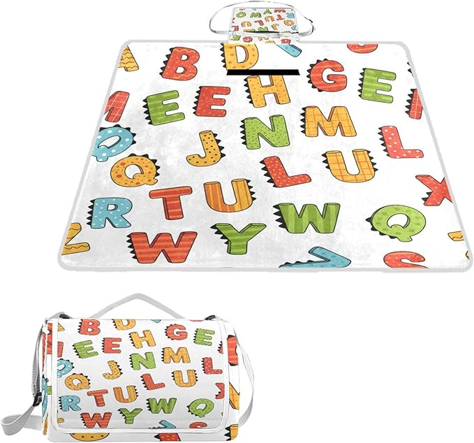 MNSRUU Picnic Blanket Waterproof Foldable ABC Simple Cartoon Large Outdoor Picnic Beach Camping Blanket Travel Mat Shoulder Strap Tote Rectangle 57x59in