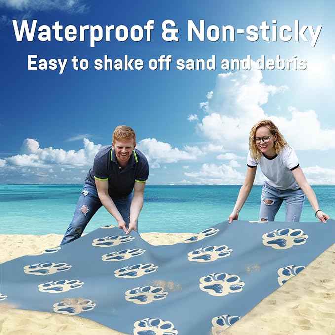 Waterproof Sandproof Beach Blanket 59''×68'' Dog Footprints Polyester Outdoor Picnic Blanket with 4 Stakes &amp Storage Bag for BeachCampingVacation Blue