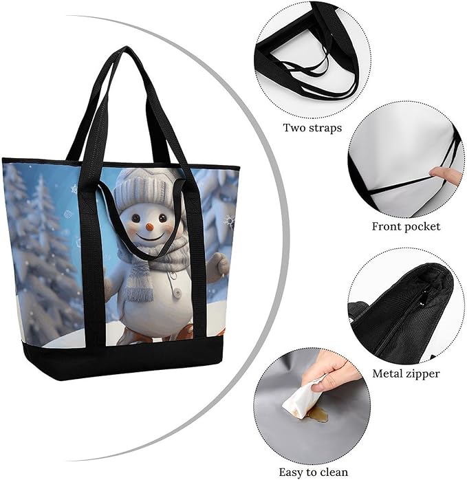Insulated Shopping BagLarge Reusable Cooler Bags Cute Snowboard Snowman Printed Foldable Shopping BagTravel Waterproof Shoulder Bag