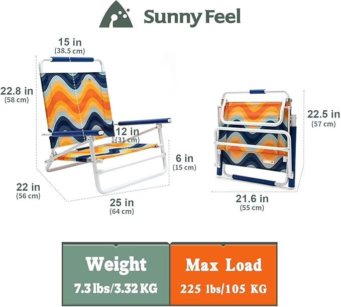SunnyFeel Low Folding Beach Chair for Adults Lightweight Beach Chair Portable Camping Sand Chairs with Hard Armrest Supports 300lbs for Beach Lawn Concert