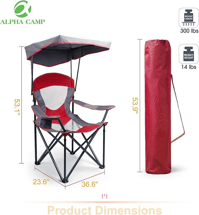 ALPHA CAMP Camp Chair with Shade Canopy Folding Camping Chair with Cup Holder and Carry Bag for Outdoor Camping Hiking Beach Heavy Duty 300 LBS Red