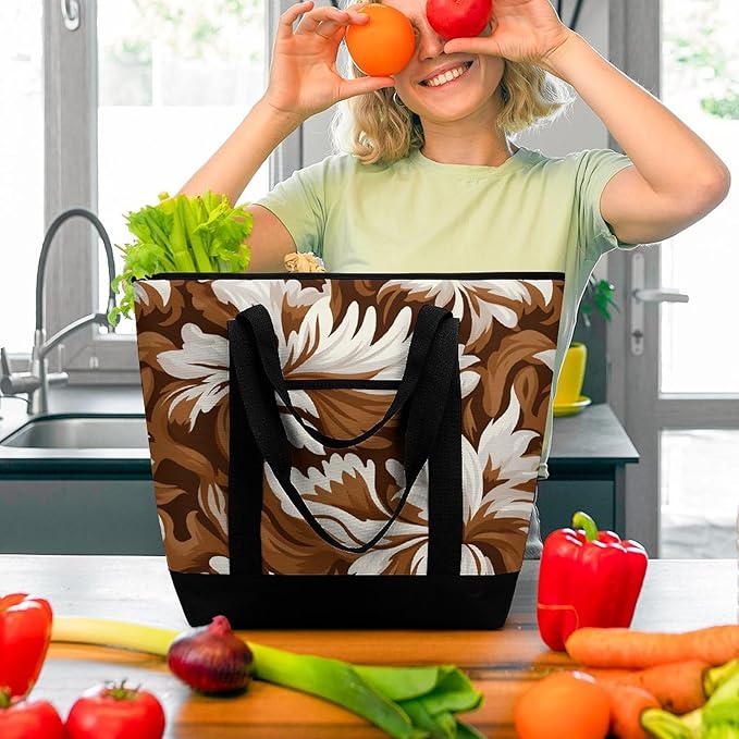 Insulated Shopping BagLarge Reusable Cooler Bags Brown And White Pattern Printed Foldable Shopping BagTravel Waterproof Shoulder Bag