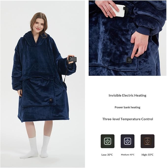 Portable USB 3-Speed Heating Hooded Fleece Camping Blanket Outdoor Warm Blanket for Camping Picnics &amp Home (Grey)