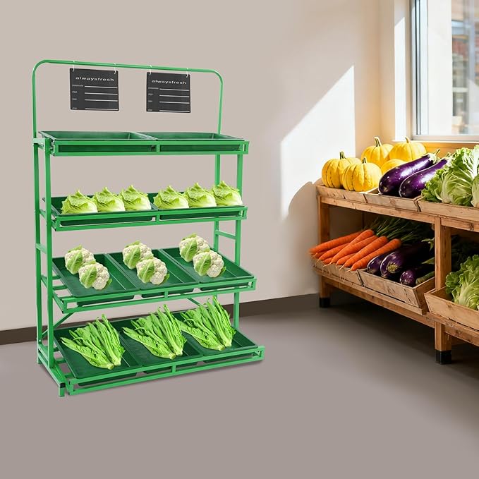 4 Tier Supermarket Fruit Vegetable Storage Rack Retail Display Rack Market Shelf with 10 Slanted Baskets &amp 2 Product Labels Floor Standing Metal Fruit Vegetable Snacks Display Shelf Organizer