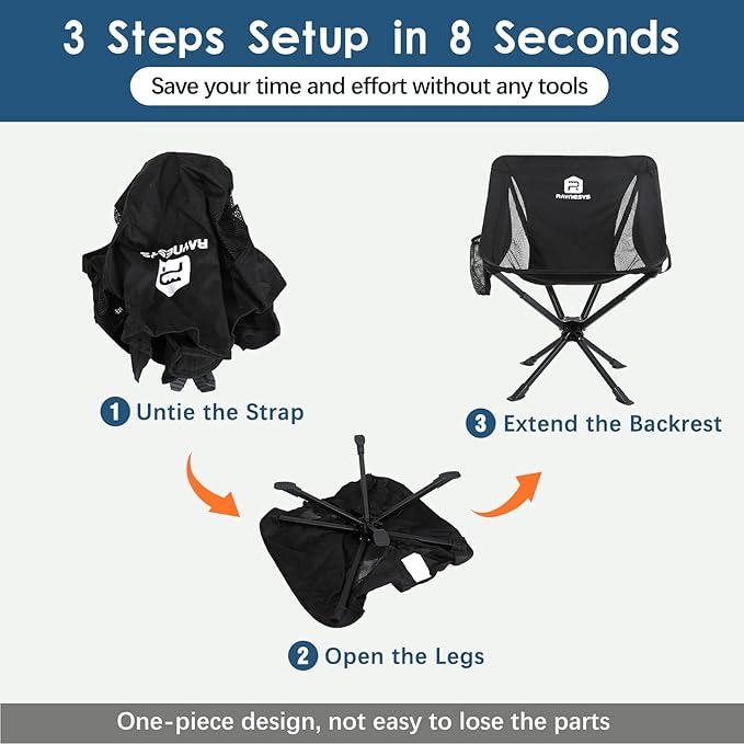 Portable Camping Chair 2 Pack 8 Seconds Quick Setup Folding Camping Chair Flexible 360° Rotation 3.8Lb Lightweight Travel Chairs for Easy Carry to Hiking Sporting Travel Beach