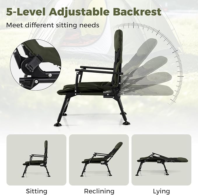 Goplus Oversized Foldable Fishing Chair for Adults Heavy Duty All-Terrain Camping Chair with Padded High-Back Armrest Adjustable Feet Portable Recliner for Outdoor Patio Beach Garden