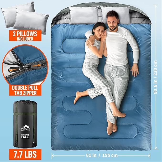 MEREZA Double Sleeping Bag for Adults Mens with Pillow XL Queen Size Two Person Sleeping Bag for All Season Camping Hiking Backpacking 2 Person Sleeping Bags for Cold Weather &amp Warm
