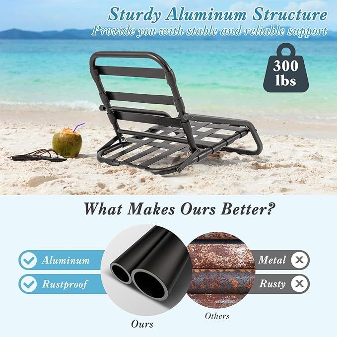 GYMAX Beach Chair 2 Pack 300LBS Low Beach Chair with Shoulder Strap Removable Cushion &amp Aluminum Frame Folding Reclining Beach Lounge Heavy Duty Portable for Adults (1 Blue Stripe)