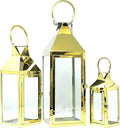 Allgala 3-PC Lantern Set 24 Inch Jumbo Deluxe Modern Indoor/Outdoor Candle Lantern Set Gold Stainless Steel Frame Tempered Glass Pyramid Top for Garden Poolside Fireplace Wedding