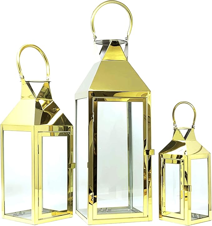 Allgala 3-PC Lantern Set 24 Inch Jumbo Deluxe Modern Indoor/Outdoor Candle Lantern Set Gold Stainless Steel Frame Tempered Glass Pyramid Top for Garden Poolside Fireplace Wedding
