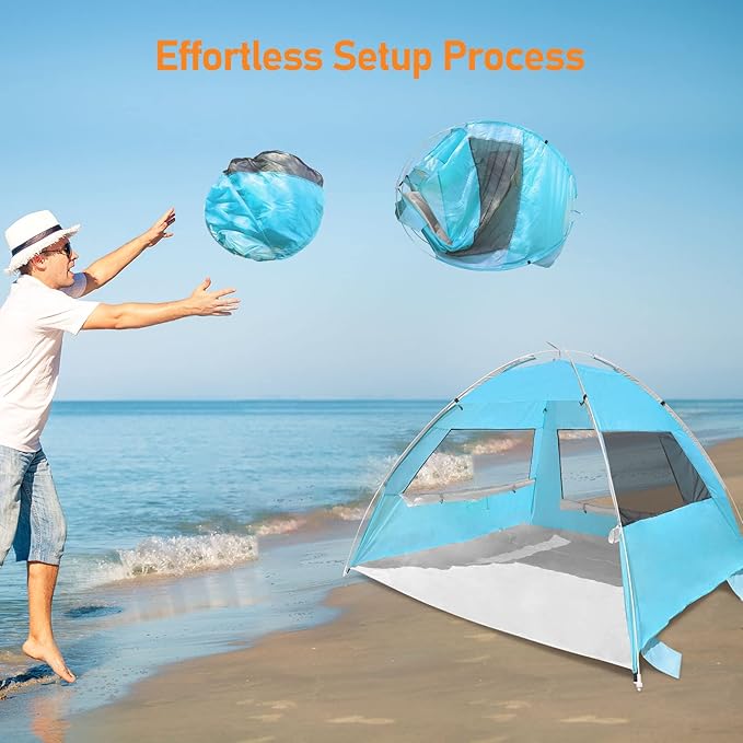 2 Person Pop Up Beach Tent Anti-UV Beach Shelter Easy Step Up 3 Mesh Windows and 6 Sandy Bags Keep Your Beach Trip Cool(Light Blue)