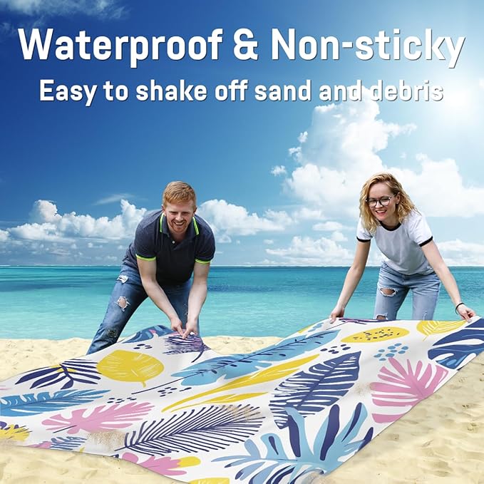 Waterproof Sandproof Beach Blanket 59''×68'' Leaves Collection Polyester Outdoor Picnic Blanket with 4 Stakes &amp Storage Bag for BeachCampingVacation White