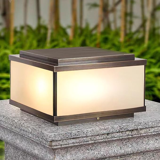 All Copper Steel Glass Outdoor Post lights Waterproof Pillar Light Vintage Patio Lawn Column Lampoutdoor column lightsDeck Lights Lantern Fence Lamp Fixture E26 Base (Frosted glass 12X12IN)