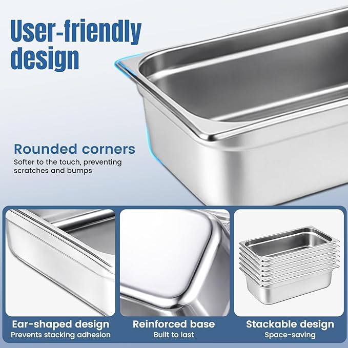 6 Pack 1/3 Size Steam Table Pan Set4 Deep Hotel Pans Anti Jam Stainless Steel Food Pan for RestaurantsCateringHotel BuffetHomeParty