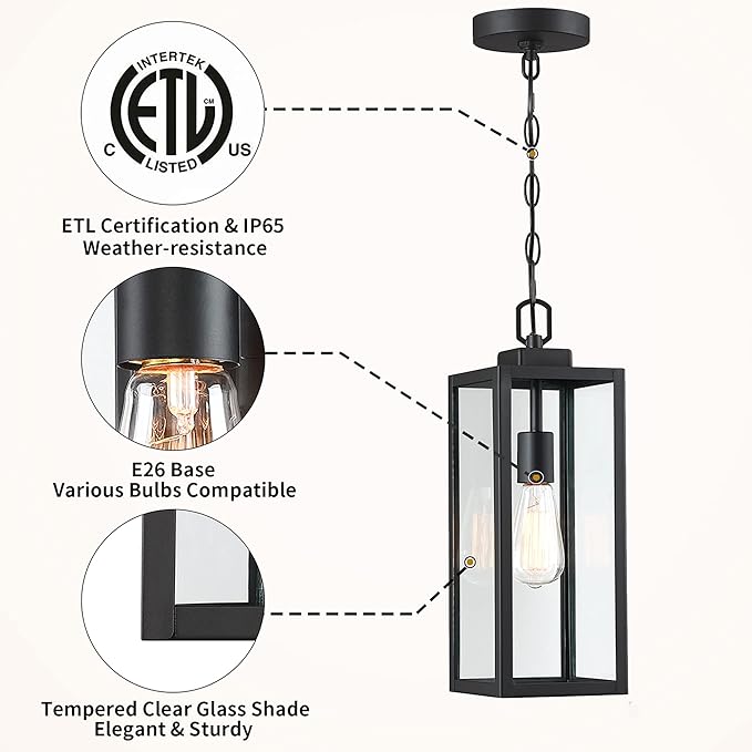 Pia Ricco Outdoor Pendant Light Modern Matte Black Adjustable Exterior Hanging Porch Lighting Waterproof Ceiling Mount Lamp with Clear Glass Shade for Front Porch Entryway Doorway ETL Listed