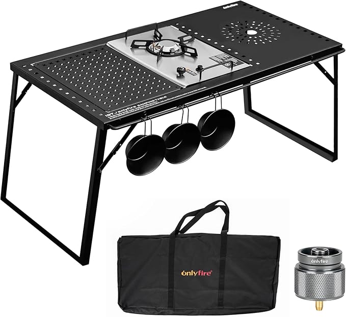 Onlyfire IGT Camping Table Kit with Propane Gas Stove and Carrying Case Portable Folding Camp Table IGT Unit Combination Combo for Picnic RV Car Trip Tailgating Patio Backyard GS337