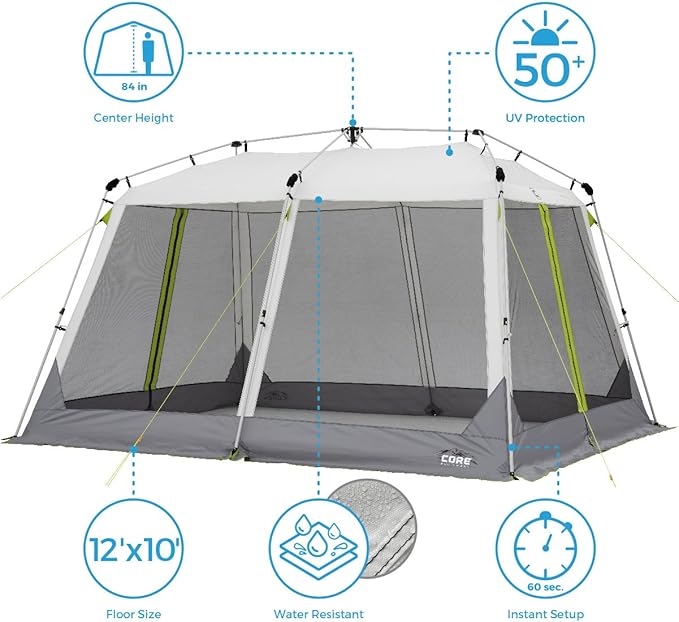 CORE 12'x10' Instant Screen House | Folding and Portable Large Pop Up Canopy Shelter with Included Carry Bag | Perfect for Family Camping Outdoor Picnic Backyards BBQ Tailgate Patio and Party