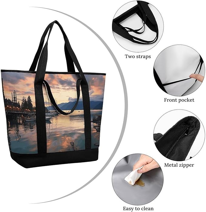 Insulated Shopping BagLarge Reusable Cooler Bags Evening in Vancouver Printed Foldable Shopping BagTravel Waterproof Shoulder Bag