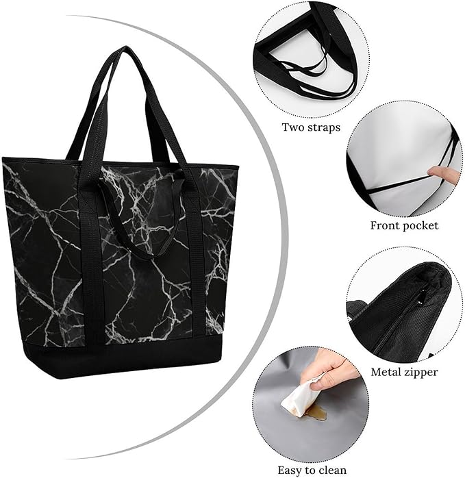 Insulated Shopping BagLarge Reusable Cooler Bags Black Marble Printed Foldable Shopping BagTravel Waterproof Shoulder Bag