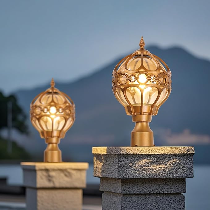 2 Pack Outdoor Globe Lamp Post Light Fixtures 15.8 Green Sphere Post Top Lantern for Patio Porch Driveway Hardwired Anti-Rust Aluminum Pillar Light with Amber Glass Fits Standard 3 Post