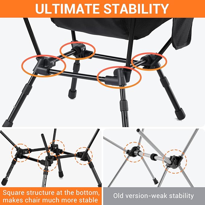 Sportneer Lawn Chairs: 3 Heights Adjustable Camping Chairs for Adults with 2 Side Pockets - Compact &amp Portable Folding Chairs for Outside Backpacking Hiking Picnic and Travel (1 Black)