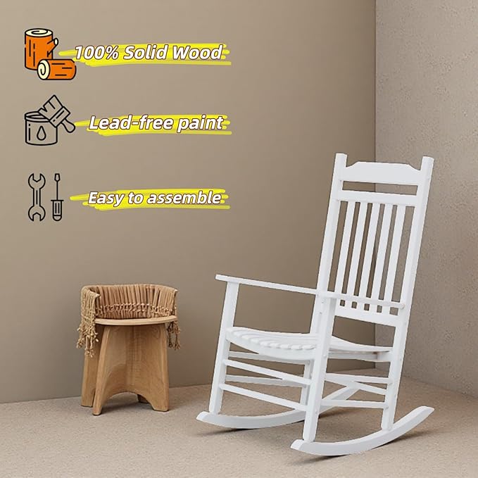 Patio Outdoor Rocking Chairs Small Foldable Side Table Set of 3 Piece Porch Wooden Comfy Rockers Folding End Table Furniture Indoor Outside Camping Balcony Lawn and Bistro White