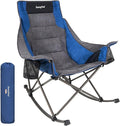 SUNNYFEEL Rocking Camping Chair Fully Padded Patio Folding Chair Portable Oversized Outdoor Rocker High Back Lawn Recliner with Side Pocket Camp Rocker Chairs for Adults Heavy Duty 500 LBS Blue