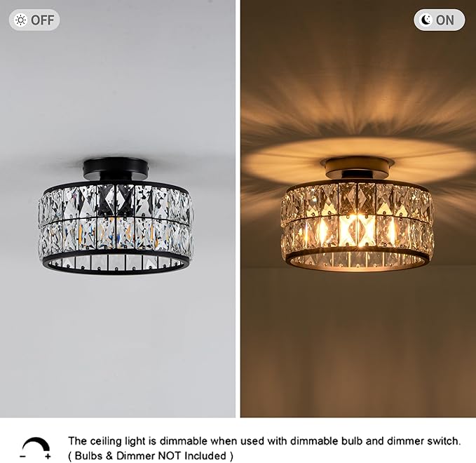 Crystal Ceiling Light Modern Flush Mount Ceiling Light Black Crystal Chandelier for Kitchen Bedroom Bathroom Entryway Hallway 1 Light