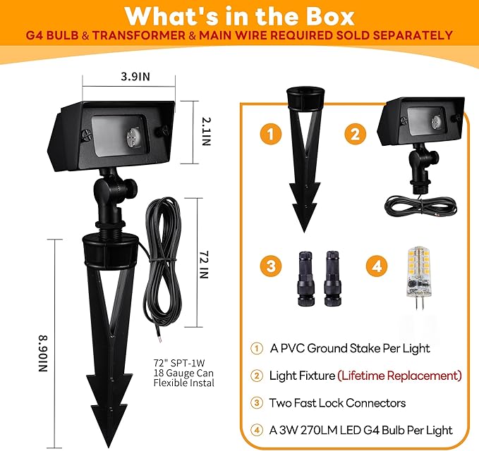 Gardenreet Low Voltage LED Flood Light - Solid Brass 12V Wall Wash Light Outdoor Landscape Hardwired IP65 Waterproof Wide Beam Black for Yard Tree House with 2700K Warm White 3W 270LM G4 Bulb 4 Pack