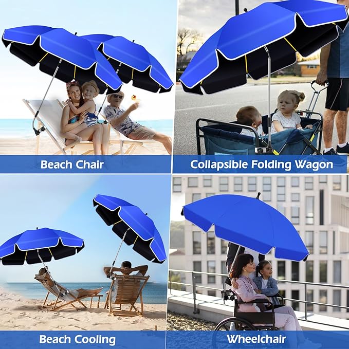 48.8 inch Large Beach Umbrella with Clamp Sun Shade for Beach Chair 360°Adjustable UV Protection Golf Umbrella with Clip for Outdoor Stroller Wheelchair Camping Chair
