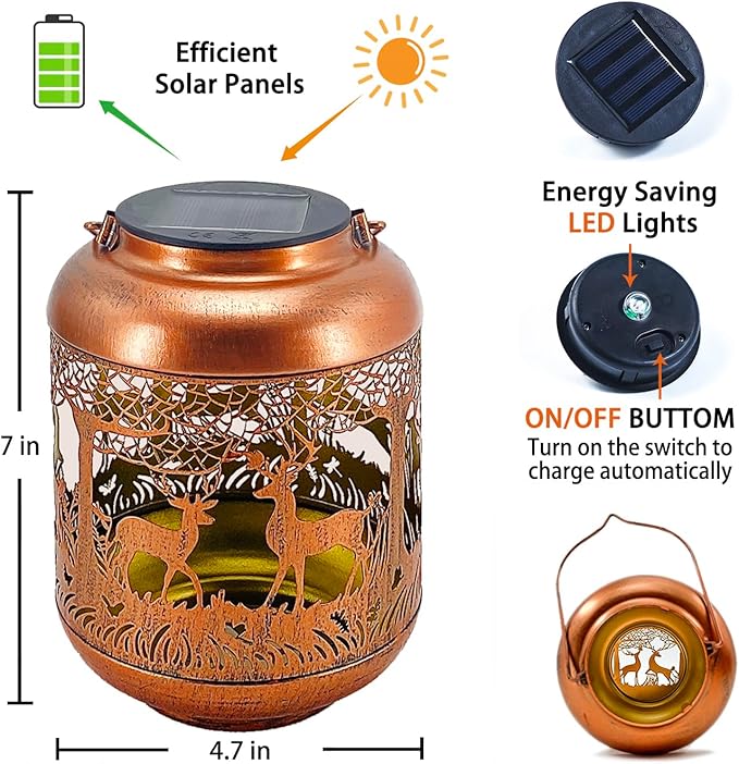 Deer Solar Lanterns Outdoor Waterproof Hanging Solar Lights Deer Gifts for Women Men Metal Decorative LED Lanterns for YardPatioLawnTabletopPathwayLandscapeGarden Decor
