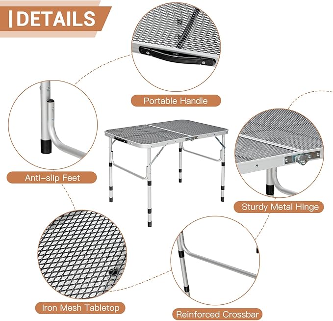 GYMAX Aluminum Folding Camping Table Adjustable Grill Table Portable Metal Grill Stand for BBQ Camping Outdoor Cooking