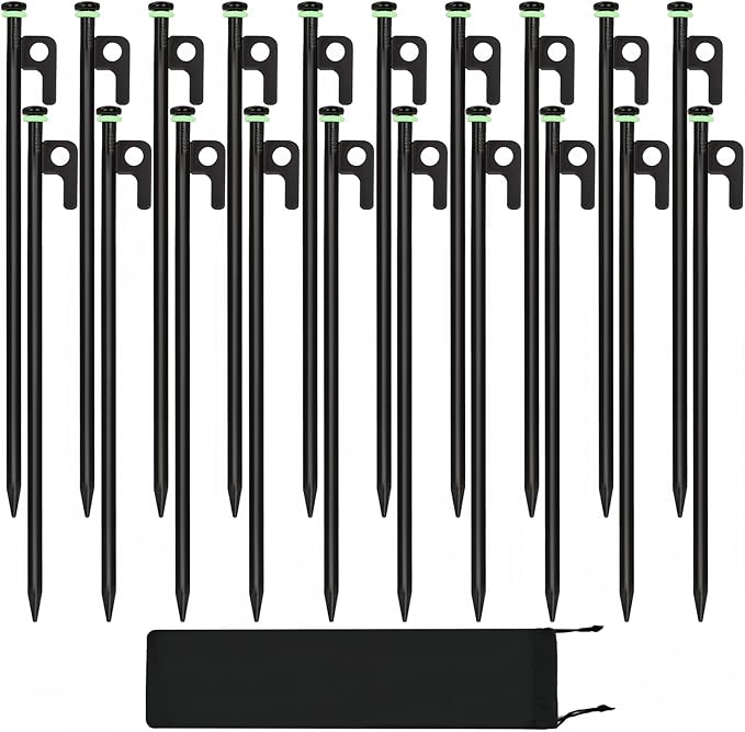 20Pcs Tent Stakes 16in Heavy Duty Tent Stakes Dia 0.35 Forged Steel Stakes Heavy Duty for Tent Used on Rocks Grassland Snowfield(20Pcs 16in Stakes)