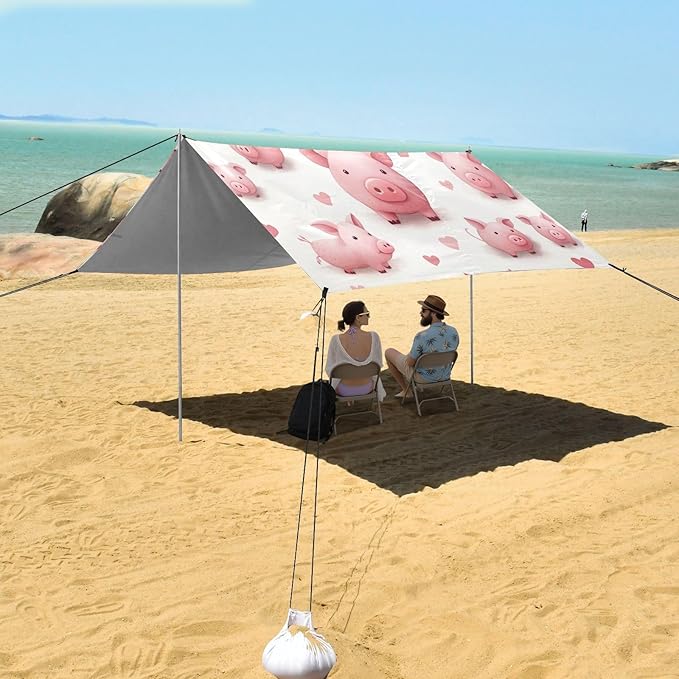 Cute Pink Pigs Beach Tent Sun Shelter 9.2' x 10.5' Beach Canopy with 4 Sandbags 4 Stability Poles Sand Shovels - Tent Canopy for Beach Camping Fishing Picnics