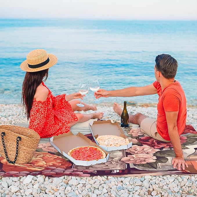 Waterproof Sandproof Beach Blanket 59''×68'' Bottle Polyester Outdoor Picnic Blanket with 4 Stakes &amp Storage Bag for BeachCampingVacation Flowers