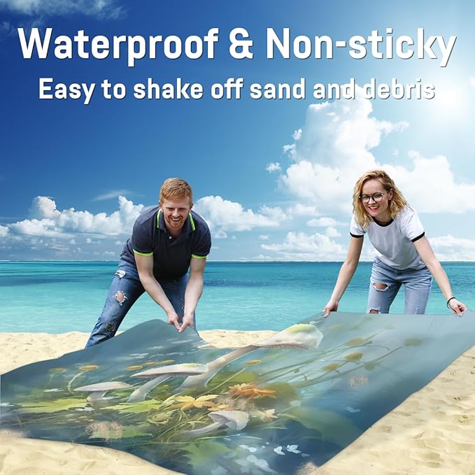Waterproof Sandproof Beach Blanket 59''×68'' Mushrooms Polyester Outdoor Picnic Blanket with 4 Stakes &amp Storage Bag for BeachCampingVacation Sea Blue