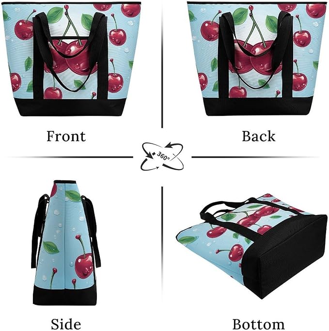 Insulated Shopping BagLarge Reusable Cooler Bags Cherry Printed Foldable Shopping BagTravel Waterproof Shoulder Bag