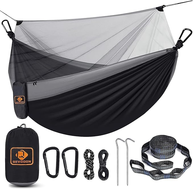 Camping Hammock with NetPortable Lightweight Double Hammocks with Tree Straps and Solid D-Shape CarabinersParachute Nylon Hammock for Backpacking Beach Backyard Patio Hiking Black&ampGrey