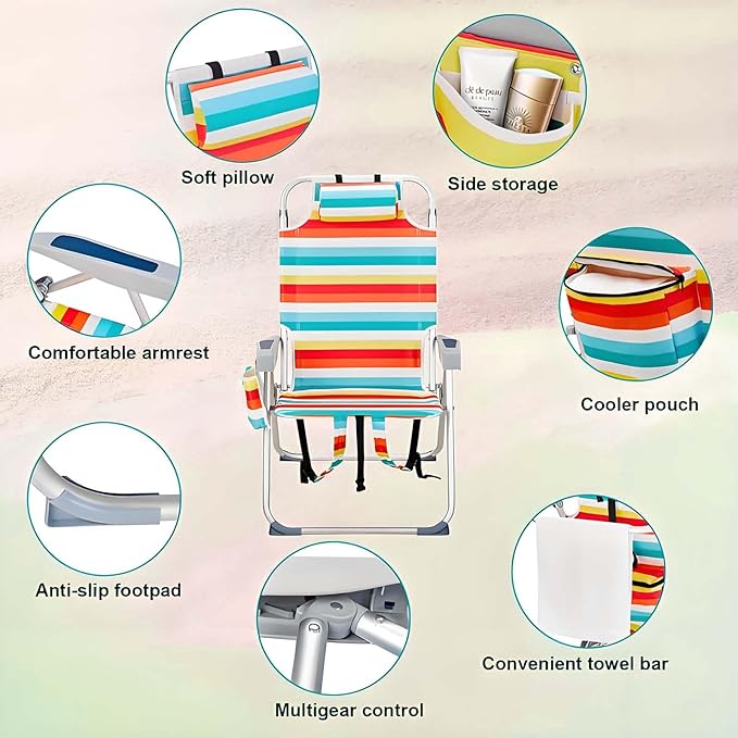 Beach Chairs for Adults with 5 Positions Folding Backpack Beach Chair with Headrest Cup Holder Towel Rack &amp Armrests Lightweight Camping Chairs for Lawn Concert Garden Picnic Rainbow Strip