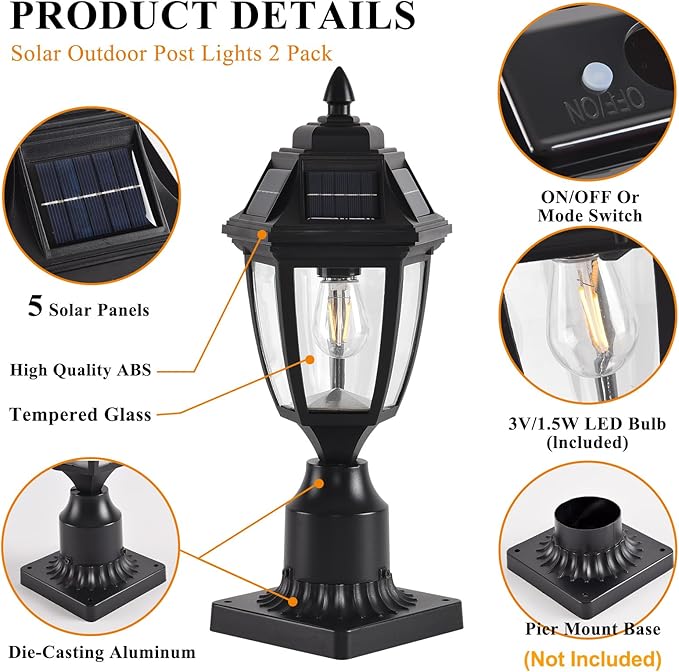Solar Post Lights 2 Pack Motion Sensor Post Lantern Without Pier Mount Base Waterproof Solar Powered Pole Light Fixture for Patio Yard Garden