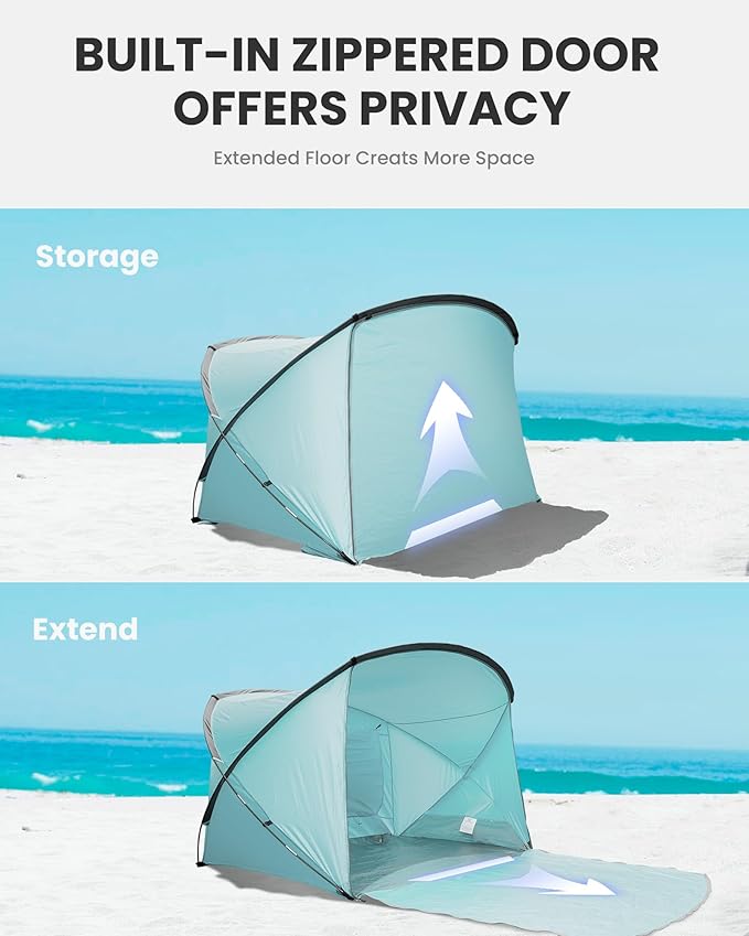 OutdoorMaster Beach Tent for 3-4 Person - Easy Setup and Portable Beach Shade Sun Shelter Canopy with UPF 50+ UV Protection Removable Skylight Family Size-Light Green