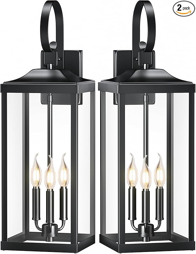 2 Packs 24 Extra Large Outside Wall Light Fixture 3-Light Black Outdoor Porch Lantern Wall Mounted Waterproof Modern Outside Wall Sconce Coach Lamp for House E12
