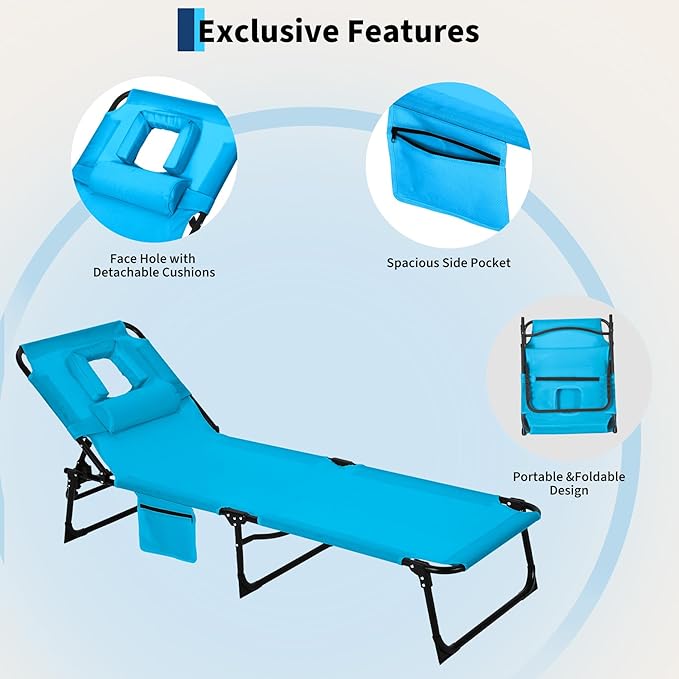 Tanning Chair with Face Hole Folding Beach Lounge Chair5-Position Adjustable Backrest Pillow &amp Side PocketPortable Face Down Chaise Lounge for Outdoor Backyard PoolsideBeach PatioBlue